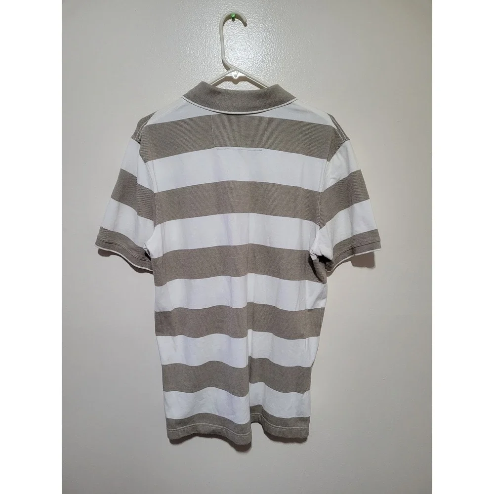 Banana Republic‎ Polo Shirt Mens Large Khaki White Striped Elephant Logo
